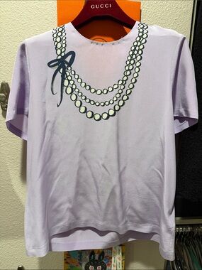 Kate Spade Lavender Short-Sleeve Silk Tee with Pearl Necklace Graphic